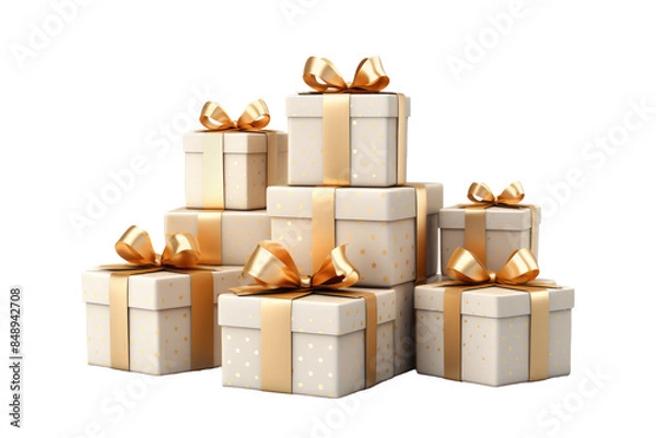 Obraz Stack of Elegance: White Boxes Adorned With Gold Bows on a Clear PNG or White Background.