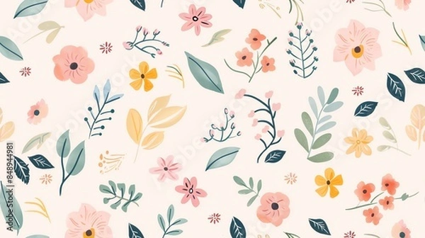 Fototapeta Seamless pastel floral and leaf pattern, hand-drawn style