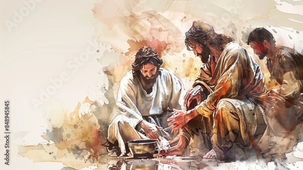 Fototapeta A watercolor painting depicting Jesus washing the feet of one of his disciples, symbolizing humility and service
