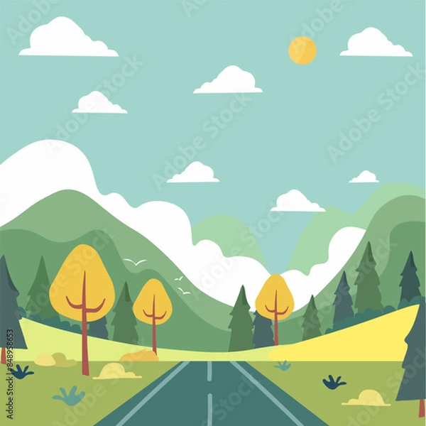 Fototapeta Background of the landscape. The road in the green valley, mountains, hills, clouds and the sun in the sky. Flat style of illustration of spring or summer nature. Vector illustration