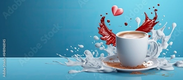 Obraz Valentine s Day poster featuring a craft cup filled with latte coffee pierced by Cupid s arrow creating splashes on the paper set against a blue backdrop with flying feathers ideal for copy space imag