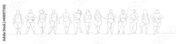 Obraz plus size models set, obese women, stout one line art. Continuous line drawing of body positive, overweight, plus size model, XL, health, fashion, self acceptance.