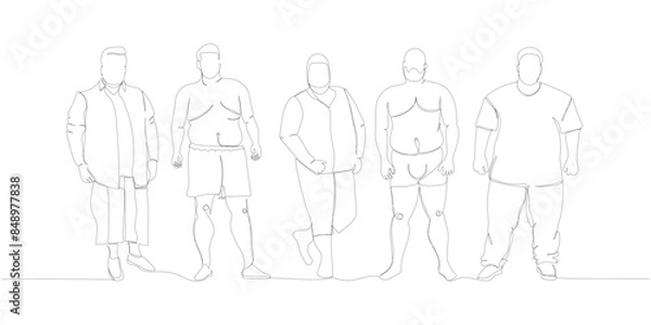 Fototapeta body positive set, obese men, plus size, XL models one line art. Continuous line drawing of body positive, overweight, plus size model, XL, health, fashion, self acceptance.