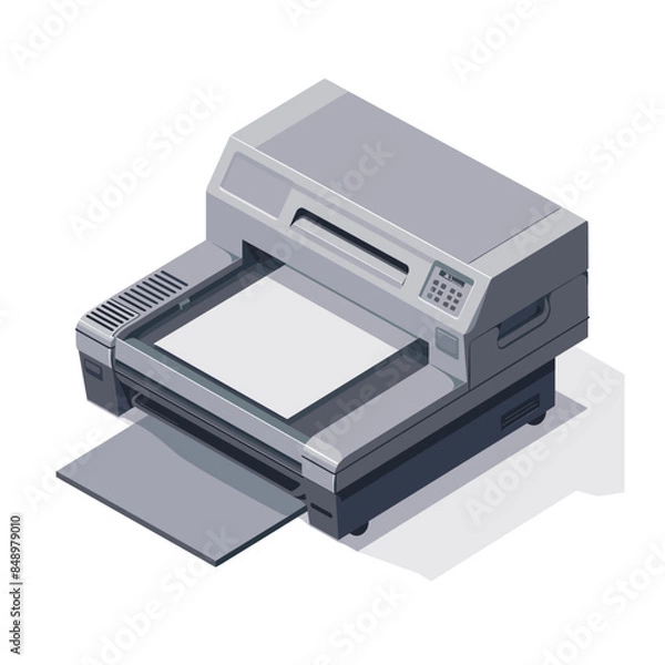 Fototapeta isometric printer vector icon with paper, simple shapes, grey colors, white background, low details, 2d game design