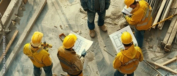 Fototapeta A group of construction workers discussing blueprints onsite