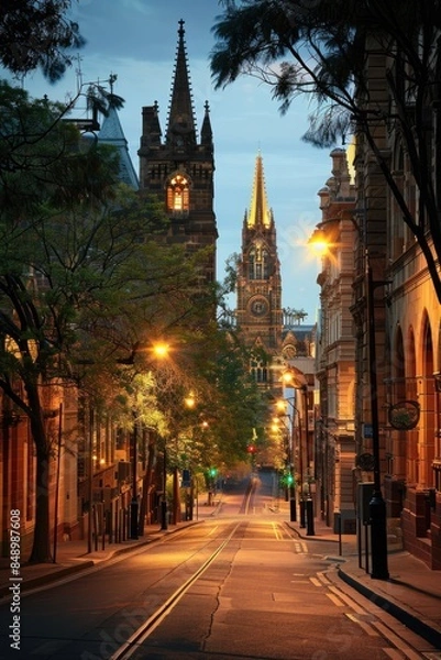 Obraz Old Buildings: Grand Church and Historic Architecture in Adelaide City at Dusk