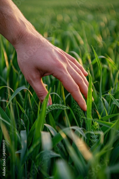 Fototapeta A farmer's hand touches young wheat leaves in a vibrant field, symbolizing nature and business interconnectedness.