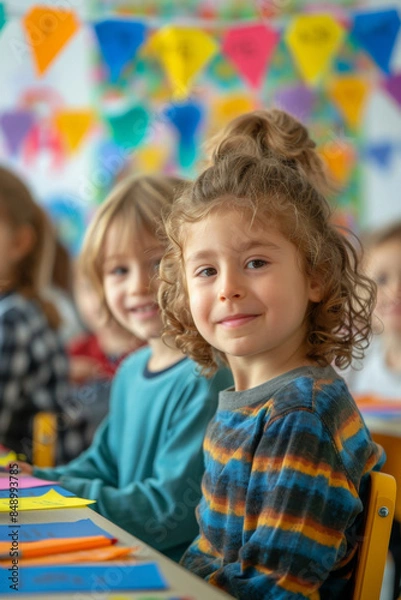 Fototapeta Vibrant portrait of children engaged in educational activities in a bright classroom setting.
