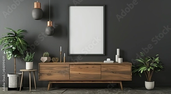 Fototapeta Ultra-realistic 4K rendering of a minimalist black frame mockup on a dark grey wall, near a wooden sideboard with decor and a lamp. High detail closeup, embodying sleek and modern design .
