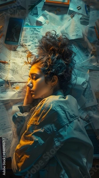 Fototapeta Exhausted Employee Resting at Desk Amid Scattered Documents and Glowing Screen