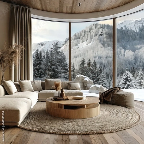 Fototapeta Scandinavian Home Decor: Minimalist Living Room Design with Round Wooden Coffee Table, Beige Sofa, Armchair, Winter Mountain View