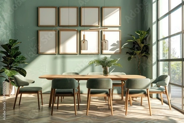 Fototapeta Scandinavian style dining room with wooden table, sofa and chairs by window, and pastel green wall adorned with frames for a modern look