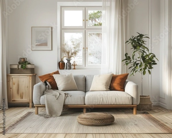 Obraz Modern living room interior design: Studio apartment featuring a grey sofa positioned against window alongside a wooden cabinet for a minimalist aesthetic