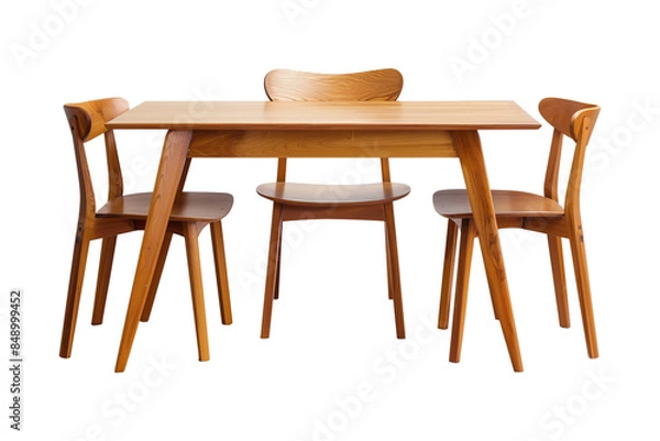 Fototapeta set modern wooden table with chairs isolated on a transparent background, cut-out, PNG