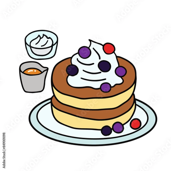 Fototapeta ブルーベリーたっぷりのパンケーキ　線画イラスト