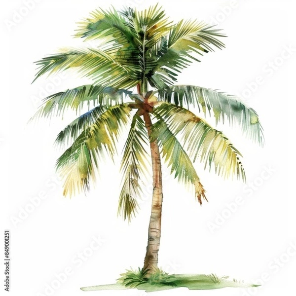 Fototapeta Vibrant watercolor clipart of a single tropical palm tree isolated on a white background, perfect for tropical-themed designs