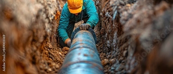 Fototapeta Construction worker in a trench laying pipes