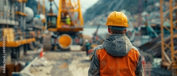 Fototapeta Construction worker operating a cement mixer