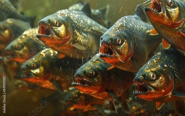 Fototapeta dangerous flock of red-bellied piranhas, a species of adult ornamental fish with sharp teeth from the Amazon river basin