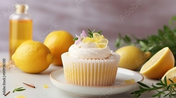 Fototapeta Tasty delicious lemon cream cupcake with lemon zest on light background