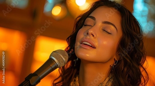 Fototapeta Woman in soundproof studio preparing for voiceover recording for dubbing or voiceover work