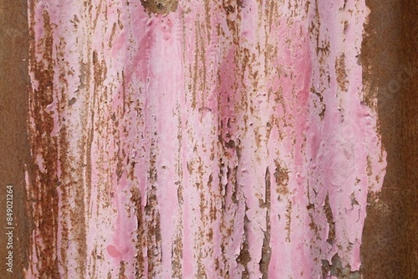 Fototapeta Cracked pink paint on rusty sheet metal, nice background with texture, abstract painting, pink concept