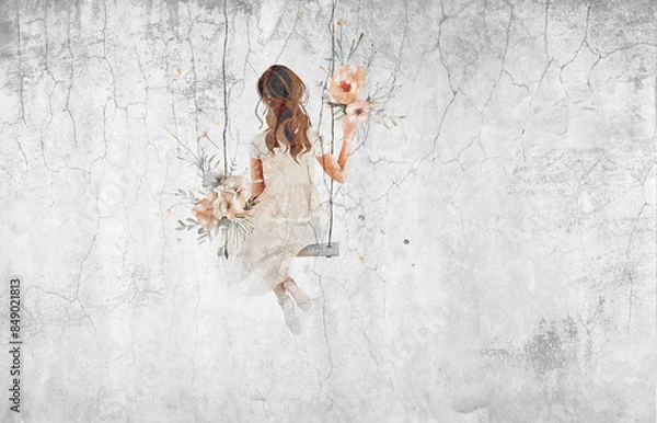 Obraz Woman on a swing with a bouquets of flowers. Minimalist illustration for wallpaper, poster, card, decoration. Mural.