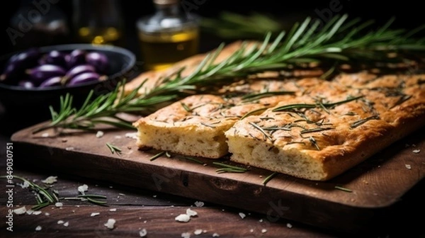 Fototapeta Focaccia with rosemary and sea salt, emphasizing texture and rustic beauty