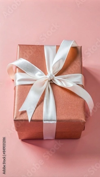 Fototapeta The photo shows a beautifully wrapped gift box. The box is covered in shiny red wrapping paper and tied with a white satin ribbon, forming a neat bow on top.