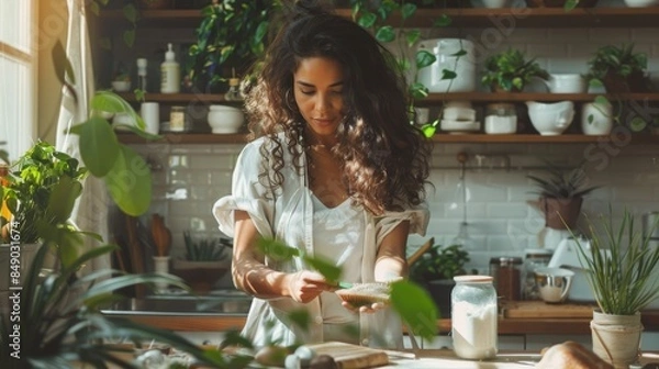 Fototapeta Young Multiracial Woman Baking in a Sunlit Rustic Kitchen. Generative ai