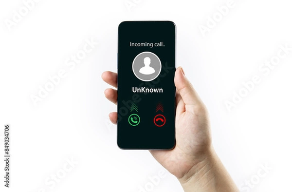 Fototapeta Smartphone incoming call notification on white background. concept of scammers or strangers, fraud, and contact to sell mobile internet promotions