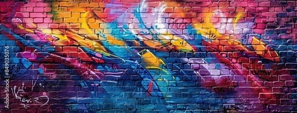 Fototapeta Urban graffiti art on a brick wall in vibrant colors