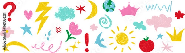 Obraz vector of childrens drawings features a charming, naive texture that's perfect for youthful backgrounds. Hand-drawn cartoon scribbles, flowers, and stars populate the pattern, reminiscent of whimsical