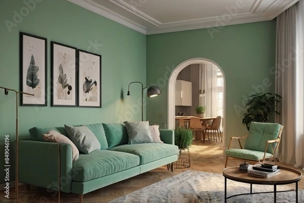 Obraz Modern living room with green sofa and abstract painting