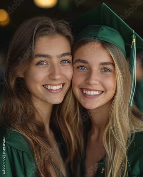 Fototapeta Graduation photos of European and American college students, facing the camera happily and happily