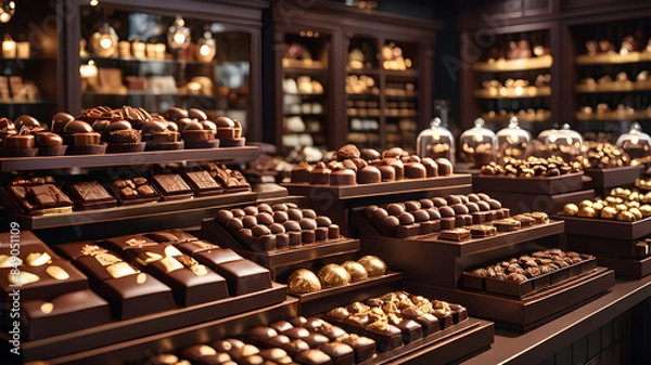 Obraz an illustration of a gourmet chocolate shop with decadent chocolates arranged in elegant displays.