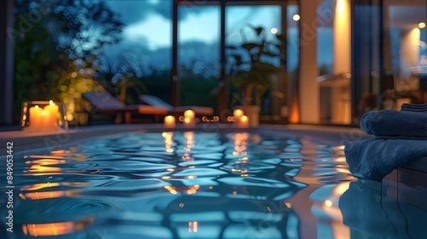 Fototapeta Serene Evening Pool Scene with Soft Lighting and Candles Romantic and Tranquil Ambiance