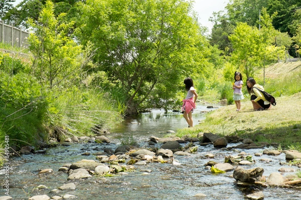 Obraz 川で水遊びをする親子