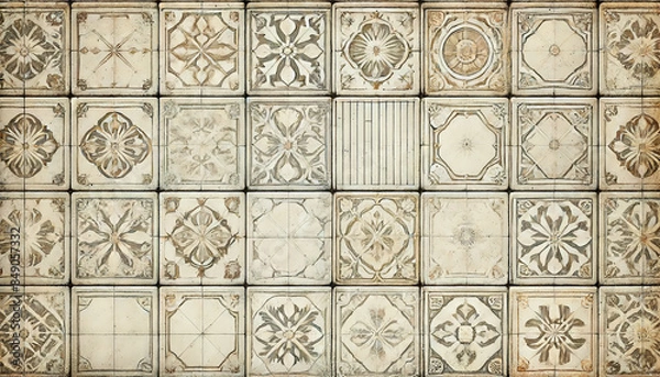 Fototapeta A seamless horizontal vintage tile texture wallpaper with slightly weathered white tiles