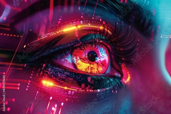 Fototapeta Futuristic Cyberpunk Vision: Vivid Digital Eye with Dynamic Neon Lights