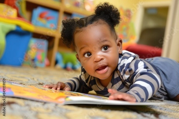 Fototapeta An African American infant enjoys interactive storytime with a caregiver, promoting language development and literacy. The cozy reading nook fosters exploration. Children's Day.