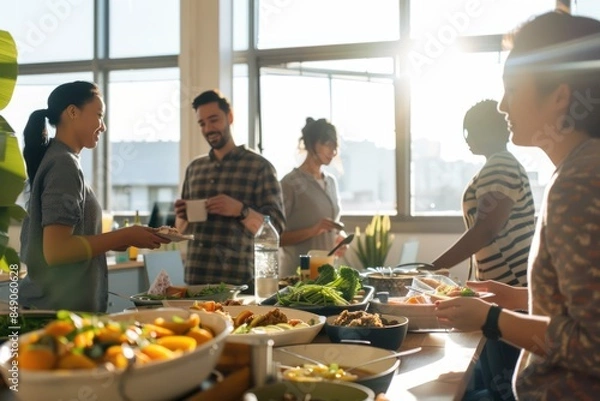 Fototapeta Group of men and women coworkers sharing a potluck lunch together office break time.