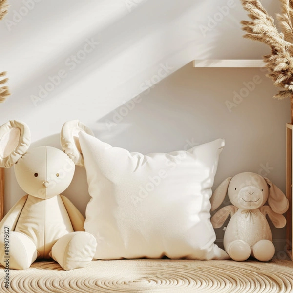 Obraz Empty mockup, blank cushion in nursery room, cute minimalistic toys, bear and bunny, modern style mockup
