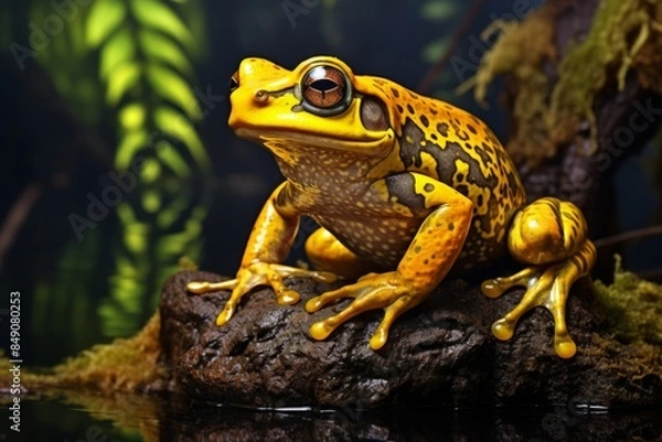 Fototapeta A beautiful yellow majestic frog with large amber eyes sitting on a stone in the middle of a swamp. The concept of immortality, wealth and longevity, rare animal.
