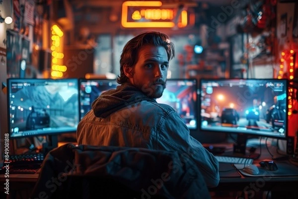 Fototapeta Focused Gamer Man in a Neon-Lit Room with Multiple Monitors

