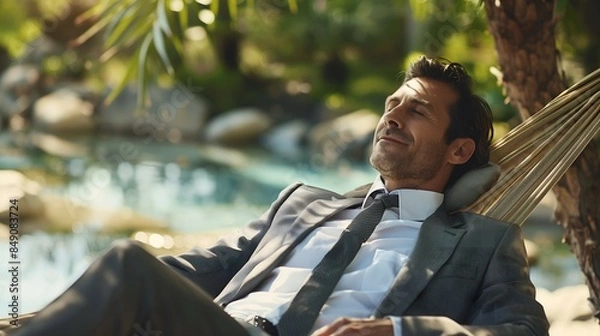 Obraz Businessman Relaxing in Hammock: Work-Life Balance in Paradise