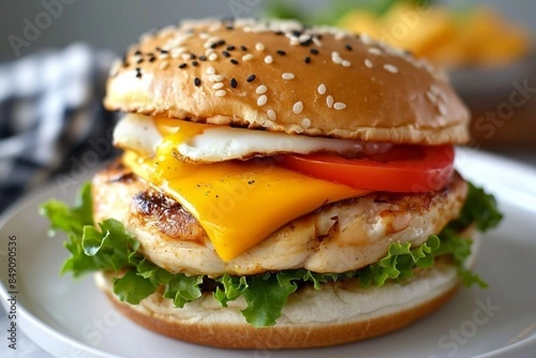 Fototapeta Juicy chicken burger loaded with cheese, egg, and fresh vegetables on a sesame bun