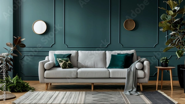 Fototapeta A midcentury Scandinavian home interior featuring a grey sofa against a dark teal wall, adorned with decorative circles as wall decor, creating a stylish and cozy ambiance