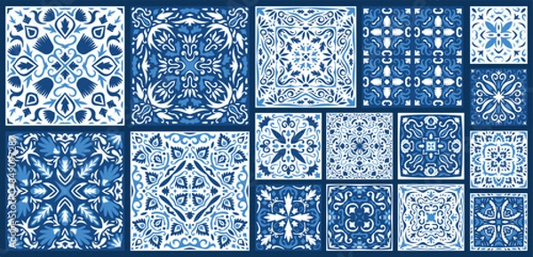 Fototapeta  Portuguese and Spain azulejo. Ceramic tile in talavera style. Vector tile pattern, Lisbon floral mosaic, Mediterranean seamless navy blue ornament