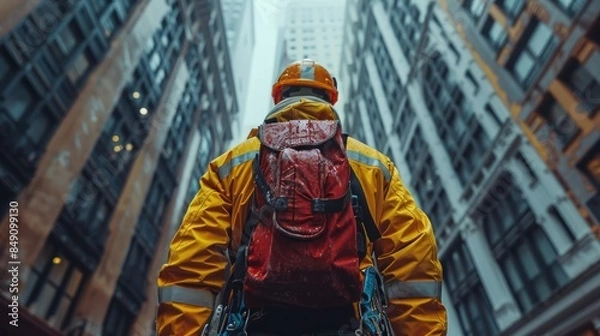 Fototapeta Engineer wearing a safety harness, inspecting work on a high-rise construction project.